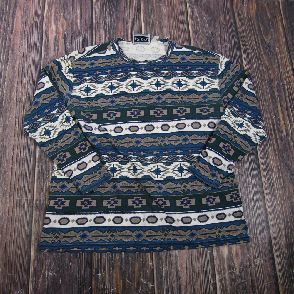 Side Saddle Womens XL Blue Aztec Southwestern Knit Long Sleeve T Shirt Top